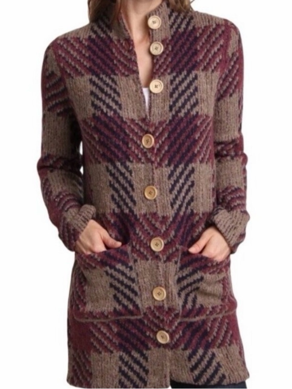 Free People Purple Plaid Wood Blend Button-up Long Cardigan Sweater